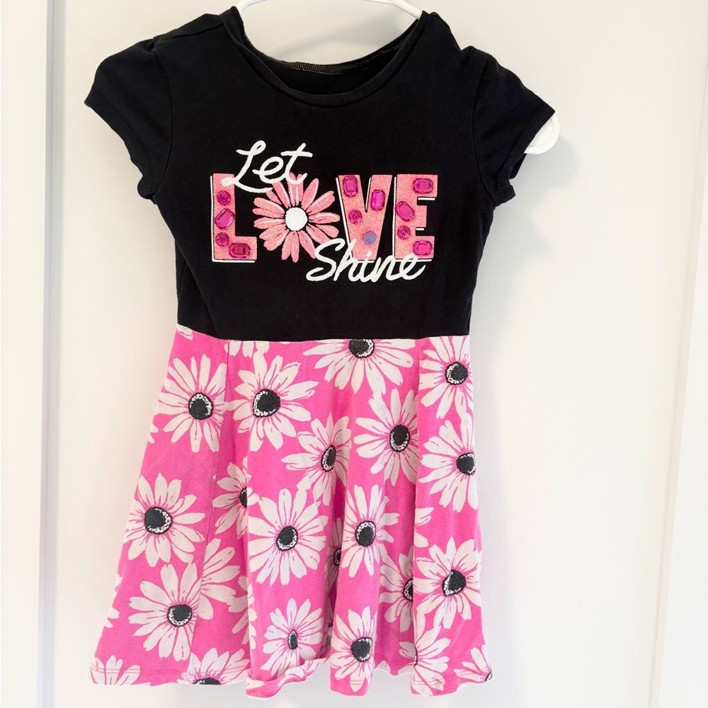 Justice Girls Size 7 Pink Daisy Skater Dress Let Love Shine Rhinestone Graphic